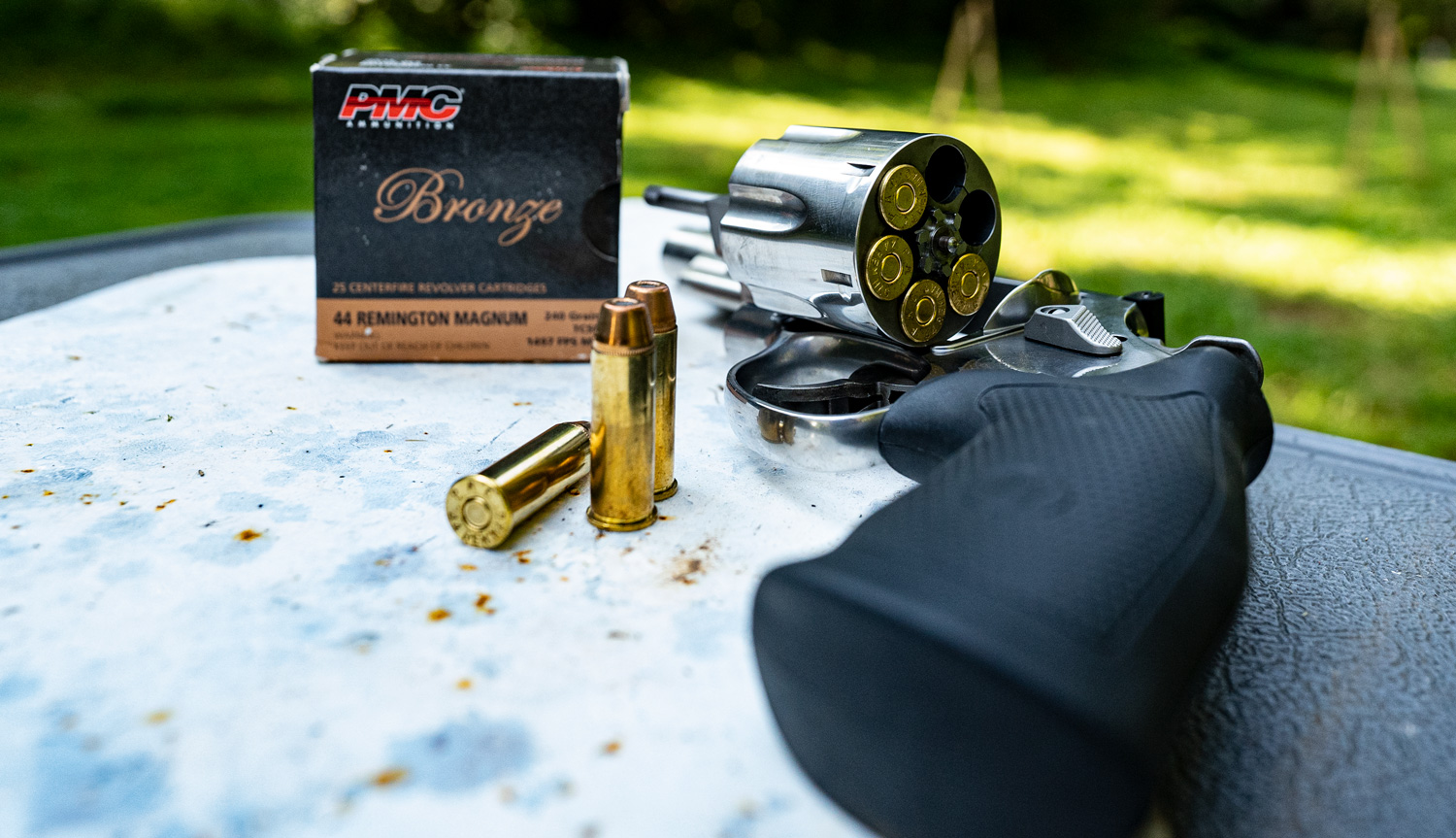 44 magnum ammo with revolver at a shooting range