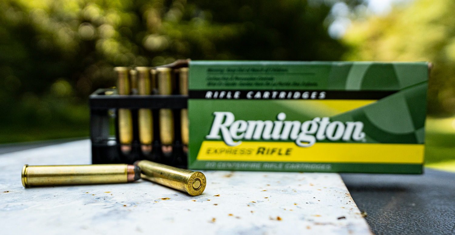 A 444 marlin ammo box with straight wall cartridges