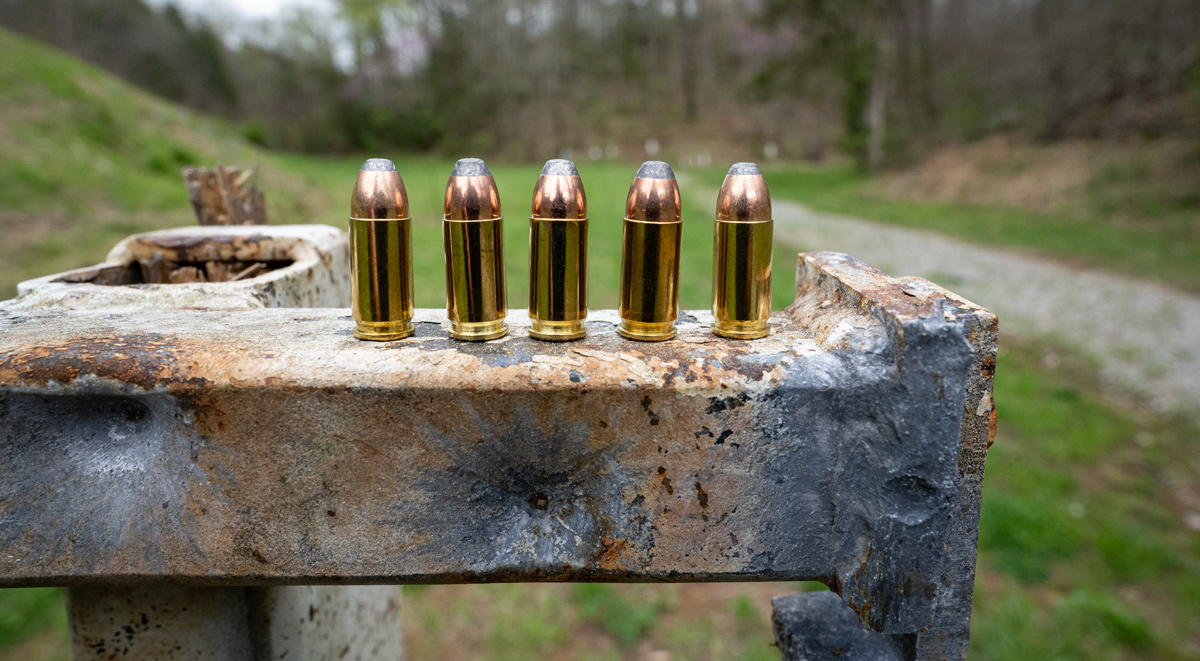 9mm parabellum lined up at a shooting range