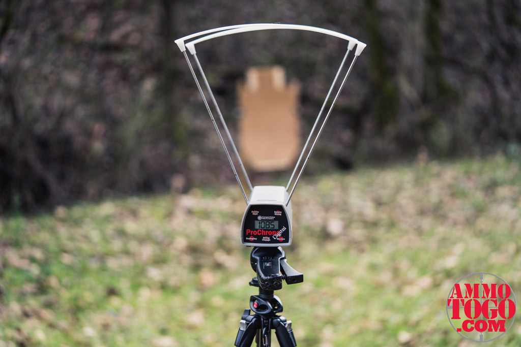 A photo of a chronograph measuring muzzle velocity in front of a target