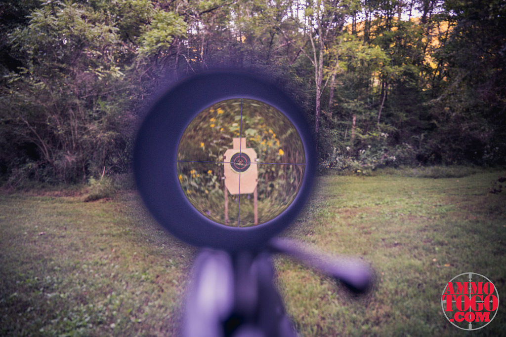 a photo in first person perspective looking down the scope of a rifle. At 200 yards or more, ballistic coefficient matters.