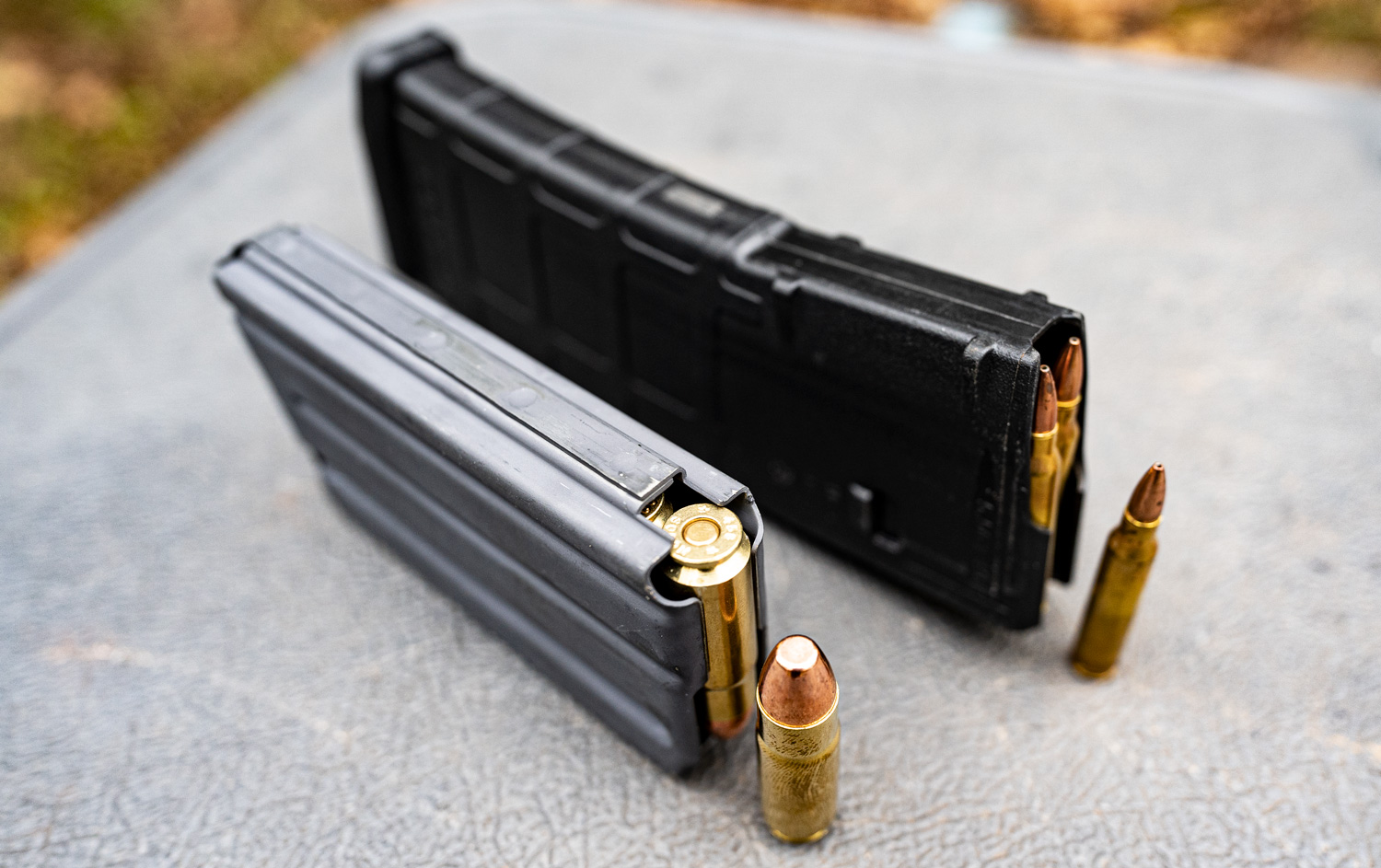 Rifle magazines demonstrating the capacity difference between 223 and 458 SOCOM