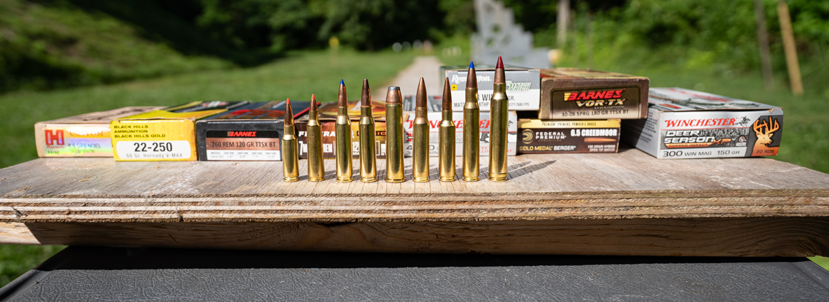 Common AR-10 calibers displayed on a shooting bench