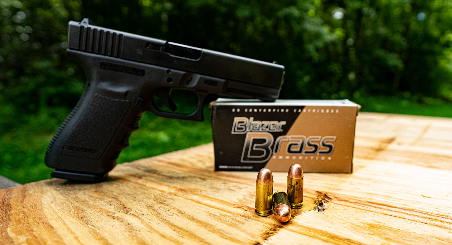 Glock 45 ACP pistol with Blazer Brass ammunition