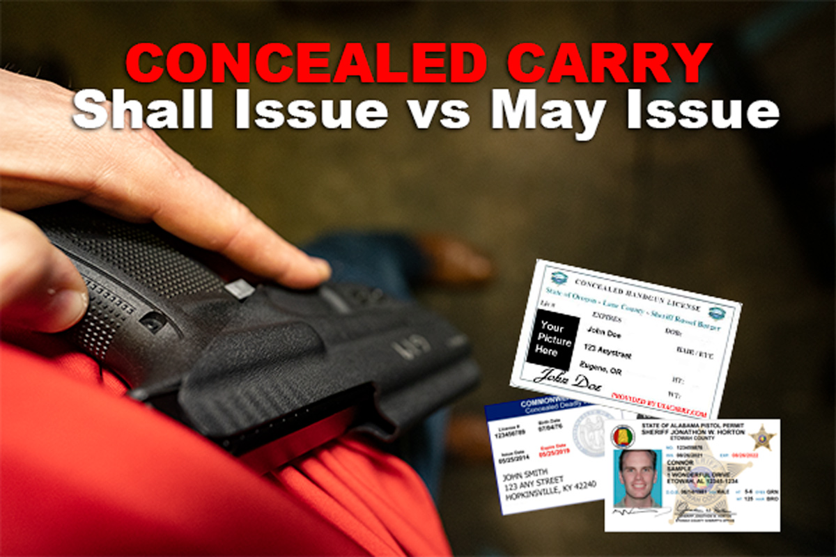 Shall vs may issue graphic with pistol in holster and CCW permits