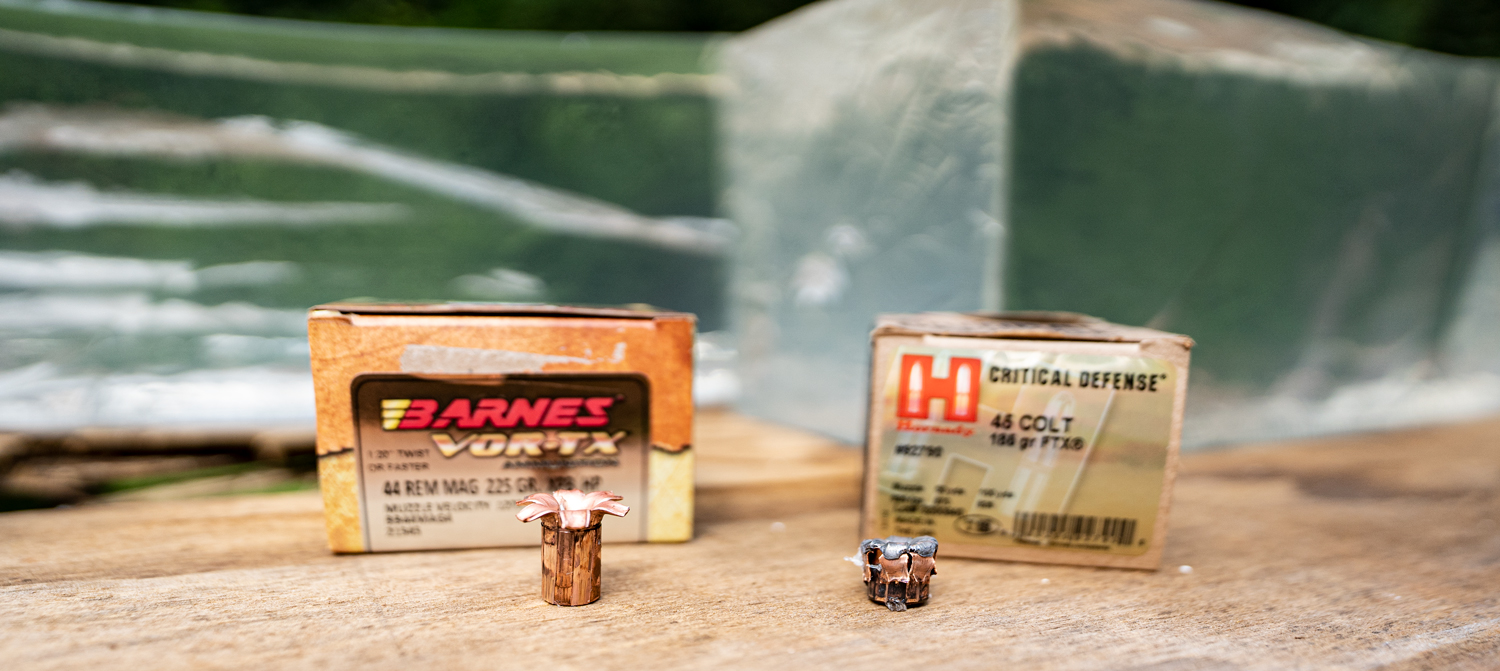 Expanded 45 long colt vs 44 magnum hollow point bullets tested by the author