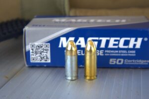 Magtech Steel Case 9mm round beside 9mm brass